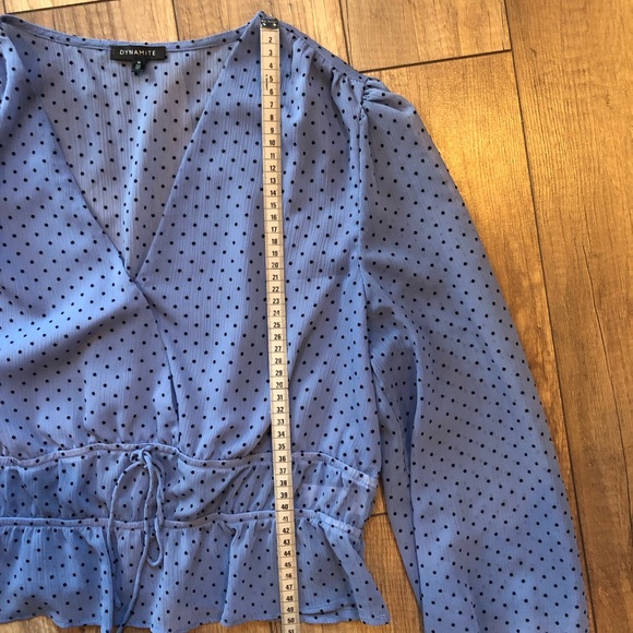 🦚 Peasant blouse, baby blue with polka dots & sheer sleeves - Picture 3 of 4